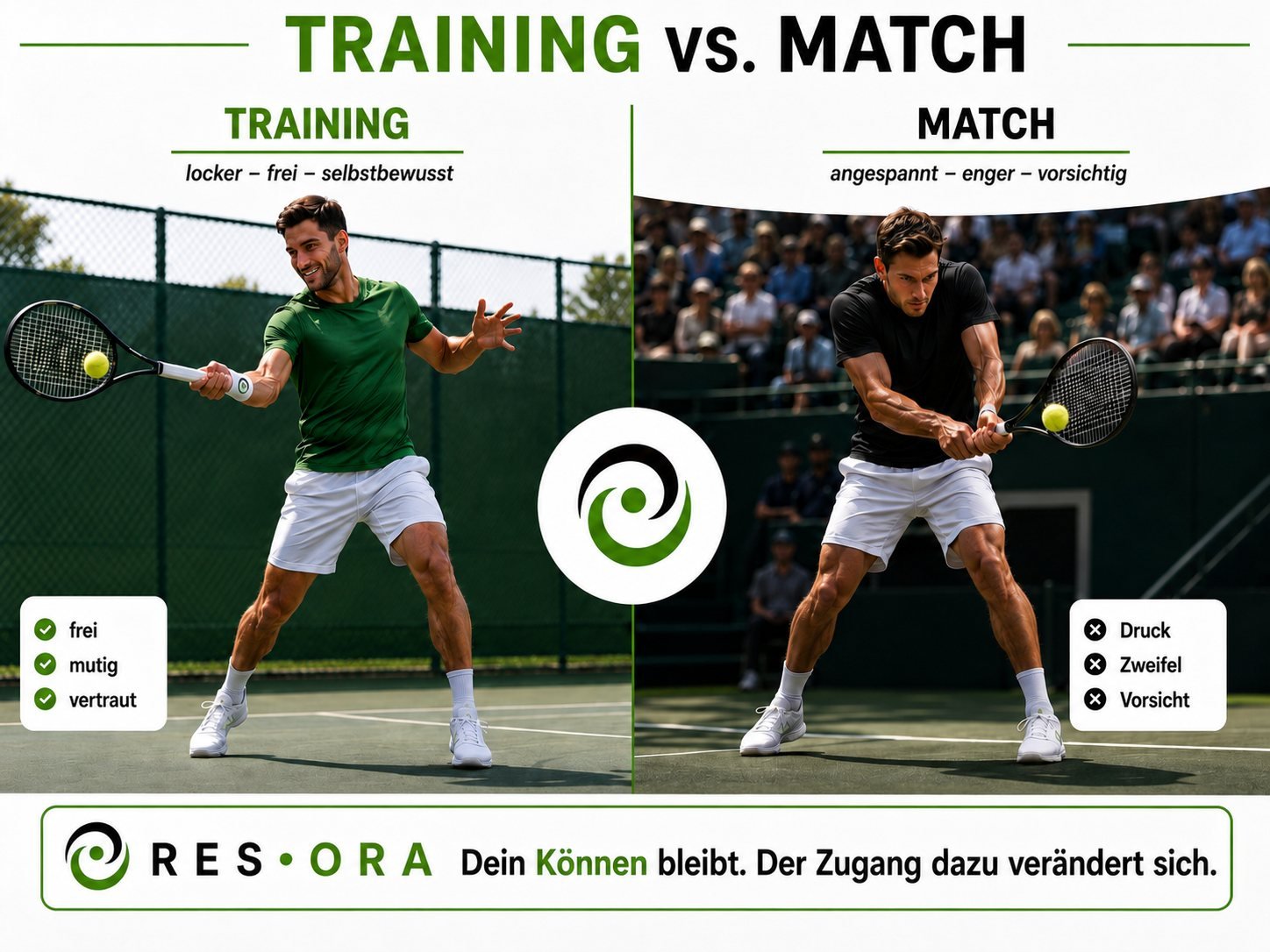 Training vs. Match: im Training locker, frei und selbstbewusst, im Match angespannt, enger und vorsichtig. Dein Können bleibt. Der Zugang dazu verändert sich.